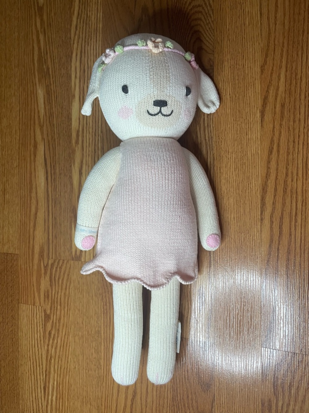 Cuddle + Kind Dog Doll Pink Dress Floral Headband Knit Plush Stuffed Animal